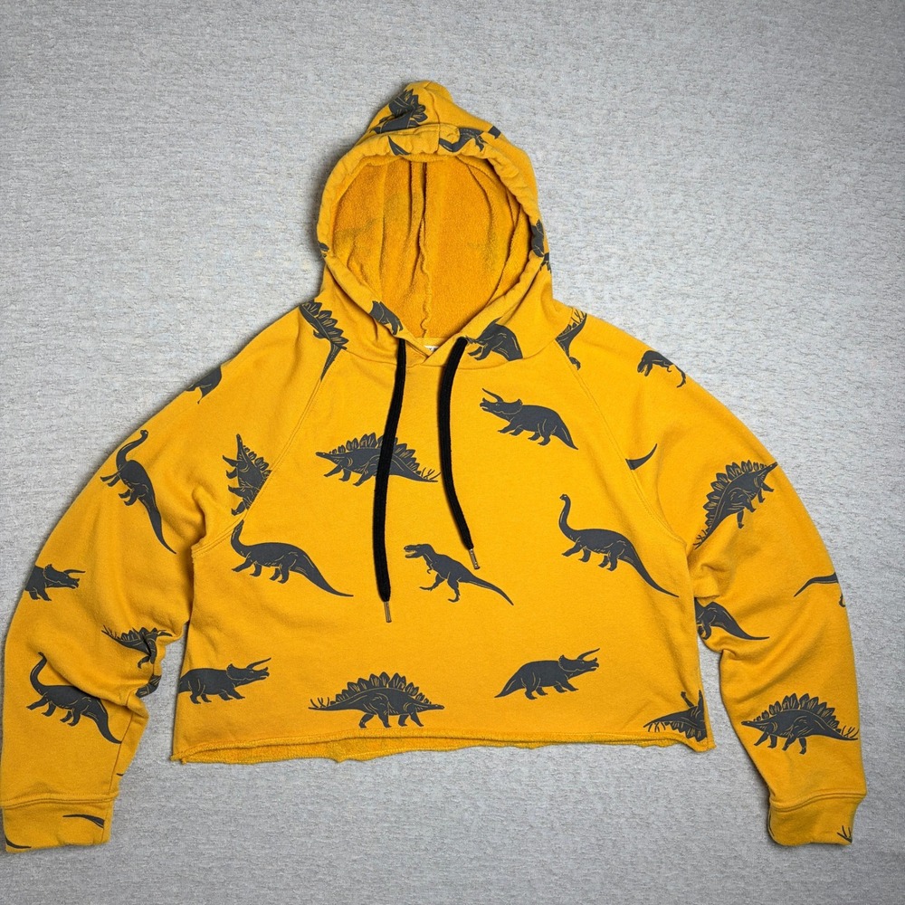 Messy Bun Women Cropped Hoodie Medium Yellow Dinosaur Graphic Raw Hem Sweatshirt